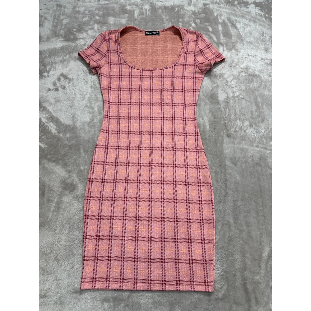 Popular 21 Dress Size Small Pink Plaid Short Sleeve Bodycon Mini Knit Stretchy